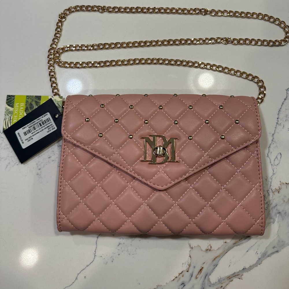 Badgley Mischka Quilted Crossbody Bag Designer Purse with Studs; Color  - Blush